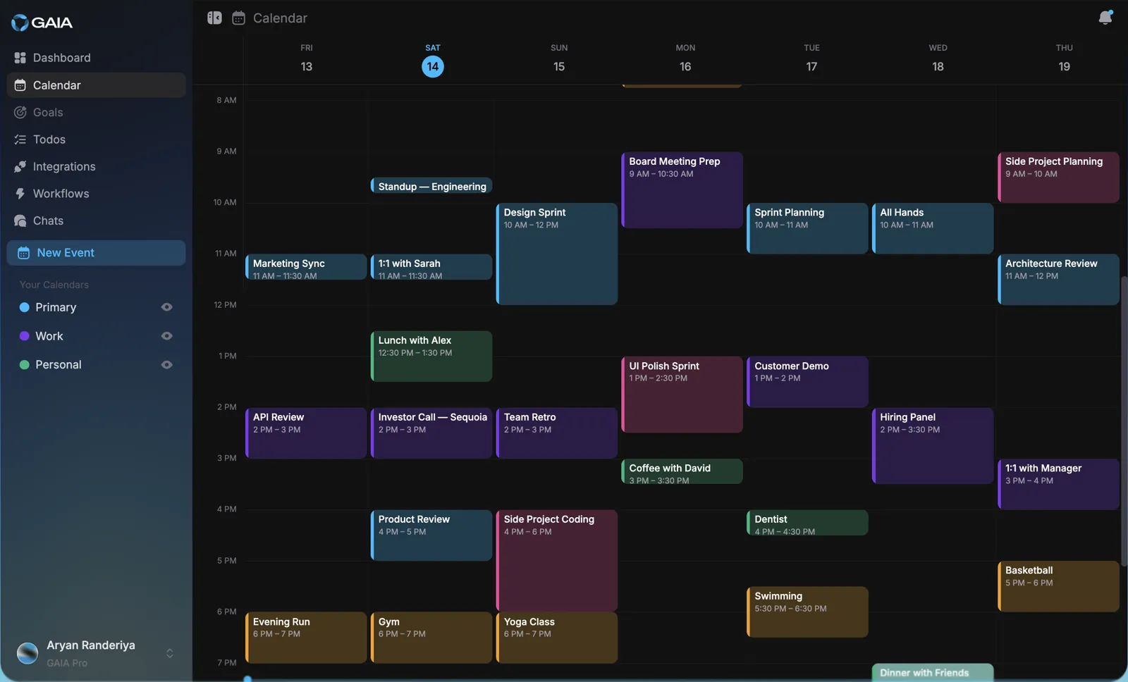 Calendar — GAIA reads, schedules, and reshuffles events for you.