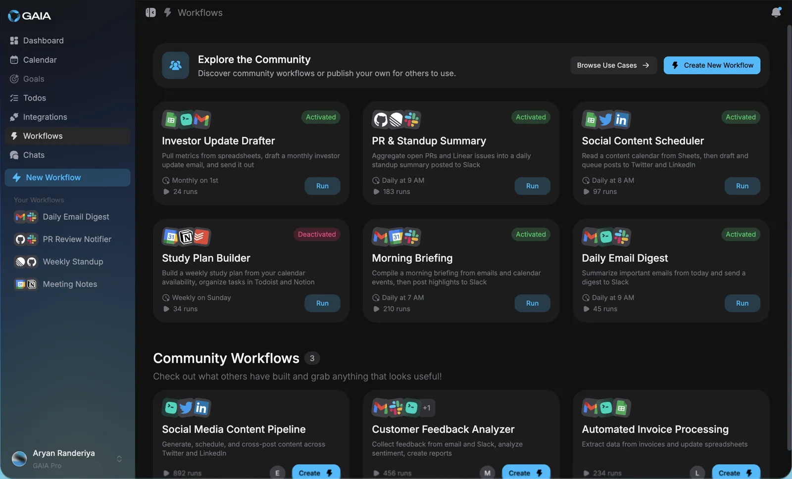 Workflows — chain steps into automations GAIA runs end to end.