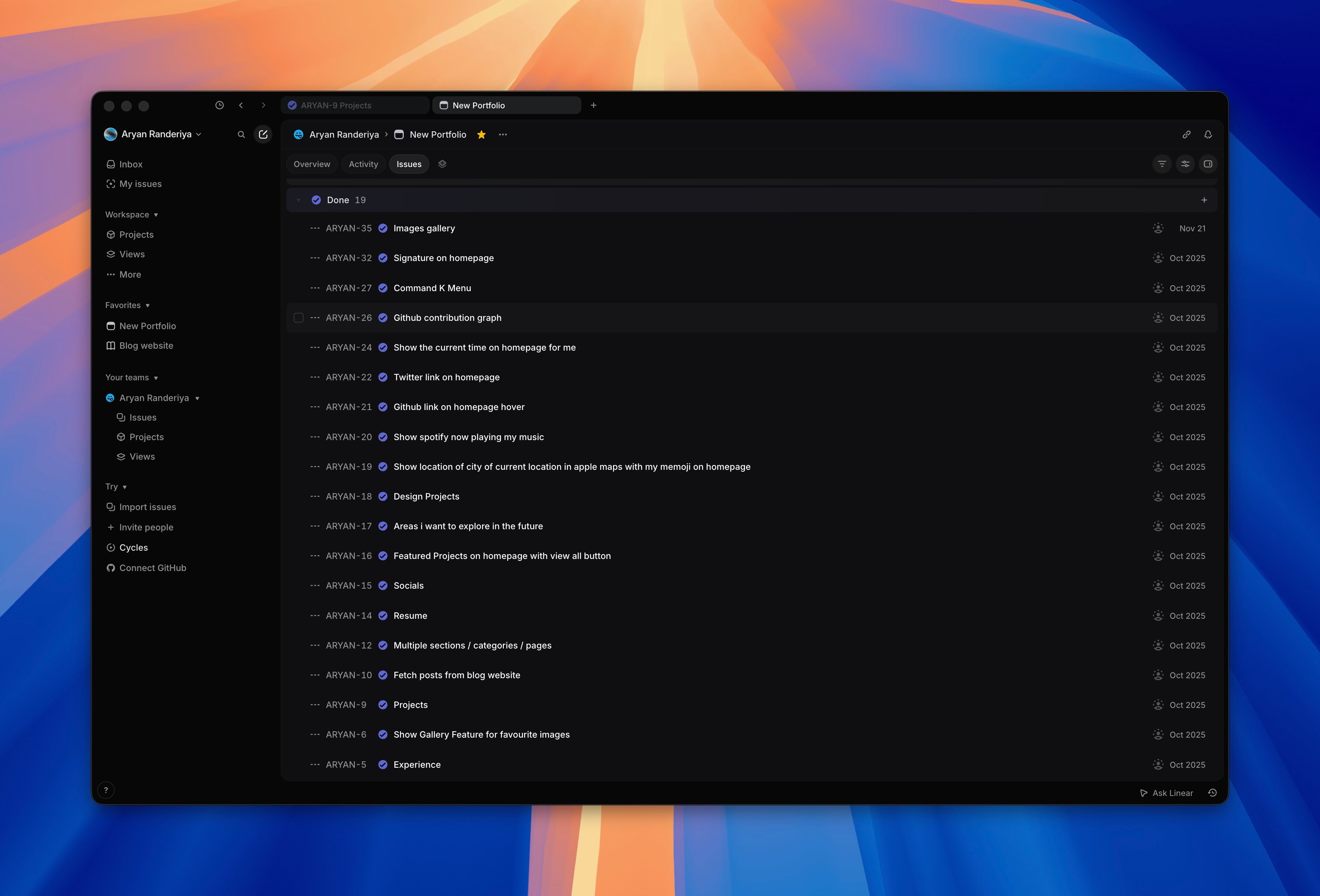 Linear issues I created for the new portfolio