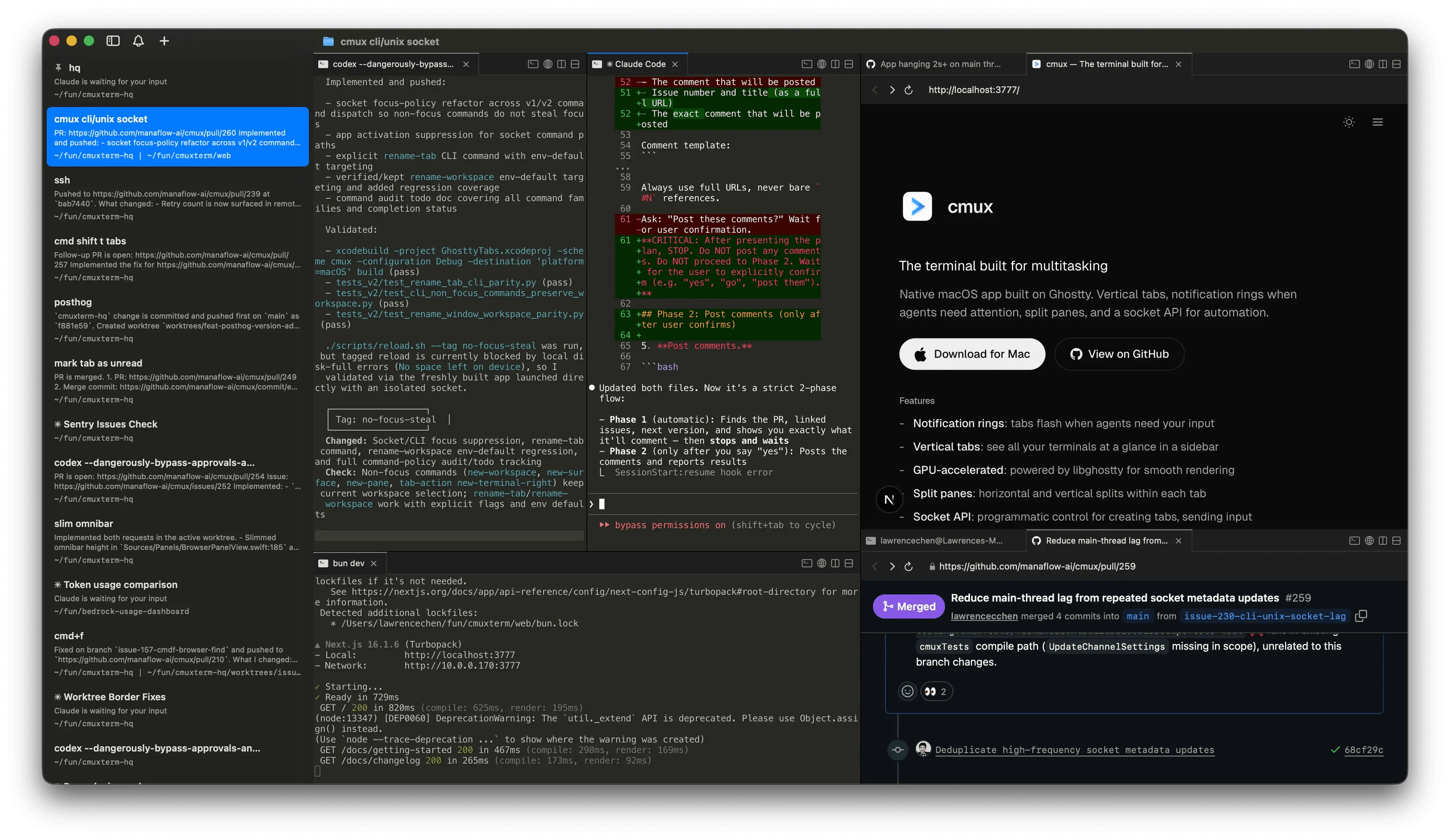 cmux terminal with vertical tabs and multiple agent panes.