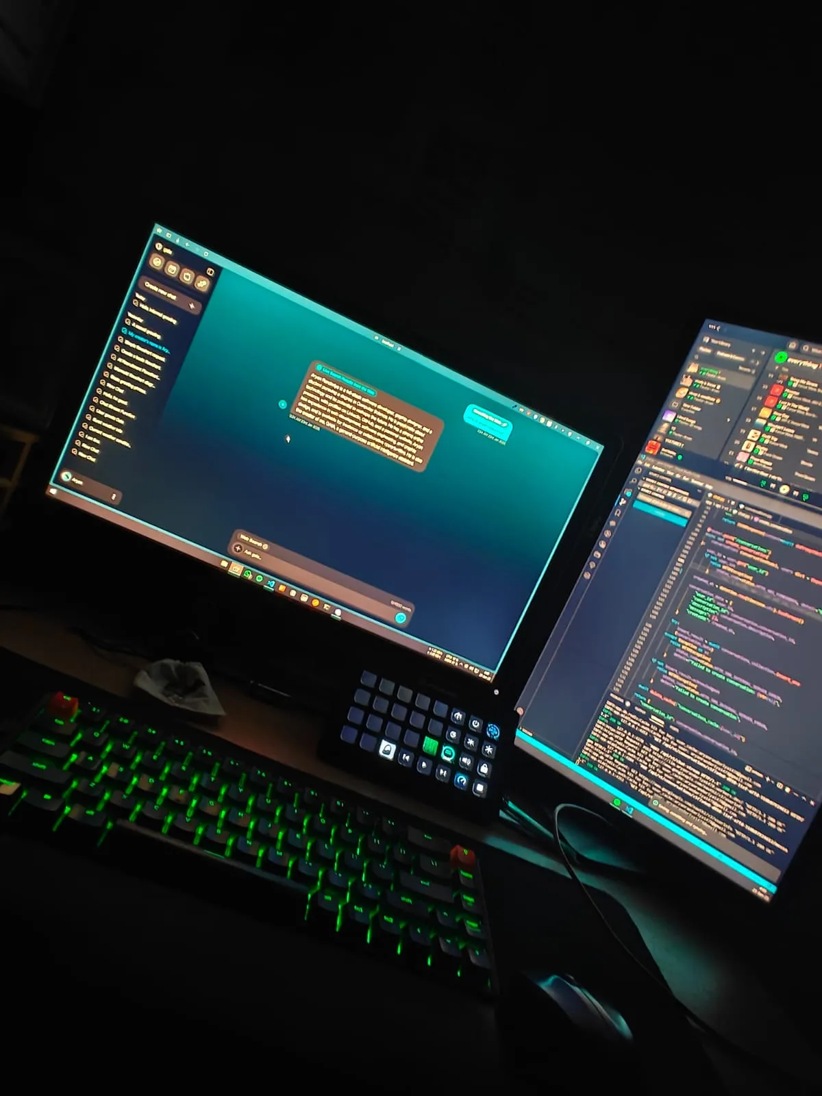 A dual-monitor night setup with a green-backlit keyboard, a Stream Deck, and code open across both screens.